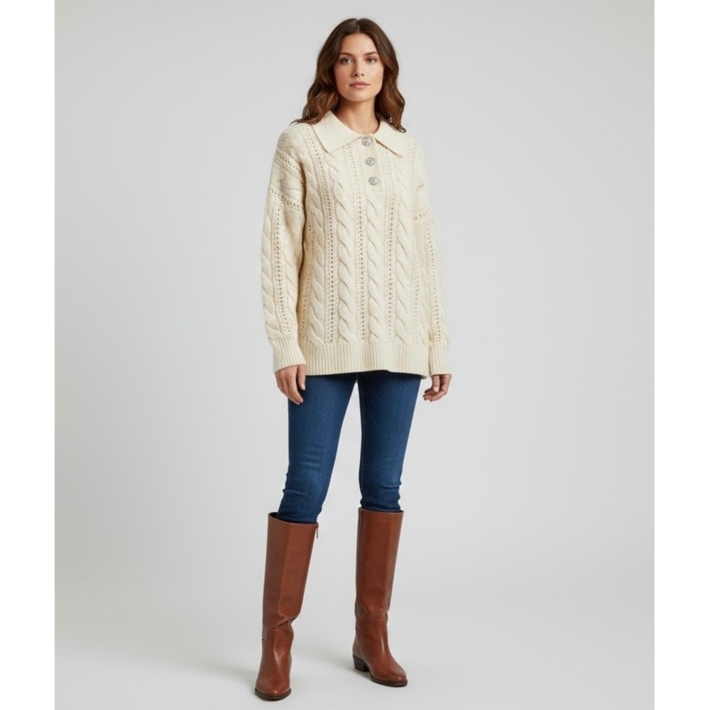 Cleo XXL Cream Cable Knit Collared Sweater with Rhinestone Buttons